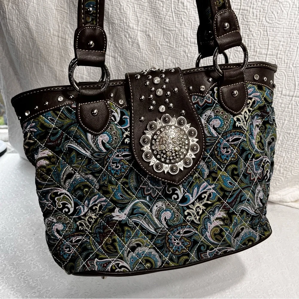 Montana West Western Purse Handbag Concho Turquoise Paisley Print Silver Cowgirl